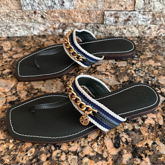 Tory Burch Mini Benton Gold Chain Band Sandal Poblano Green Blue Yonder - Picture 3 of 9